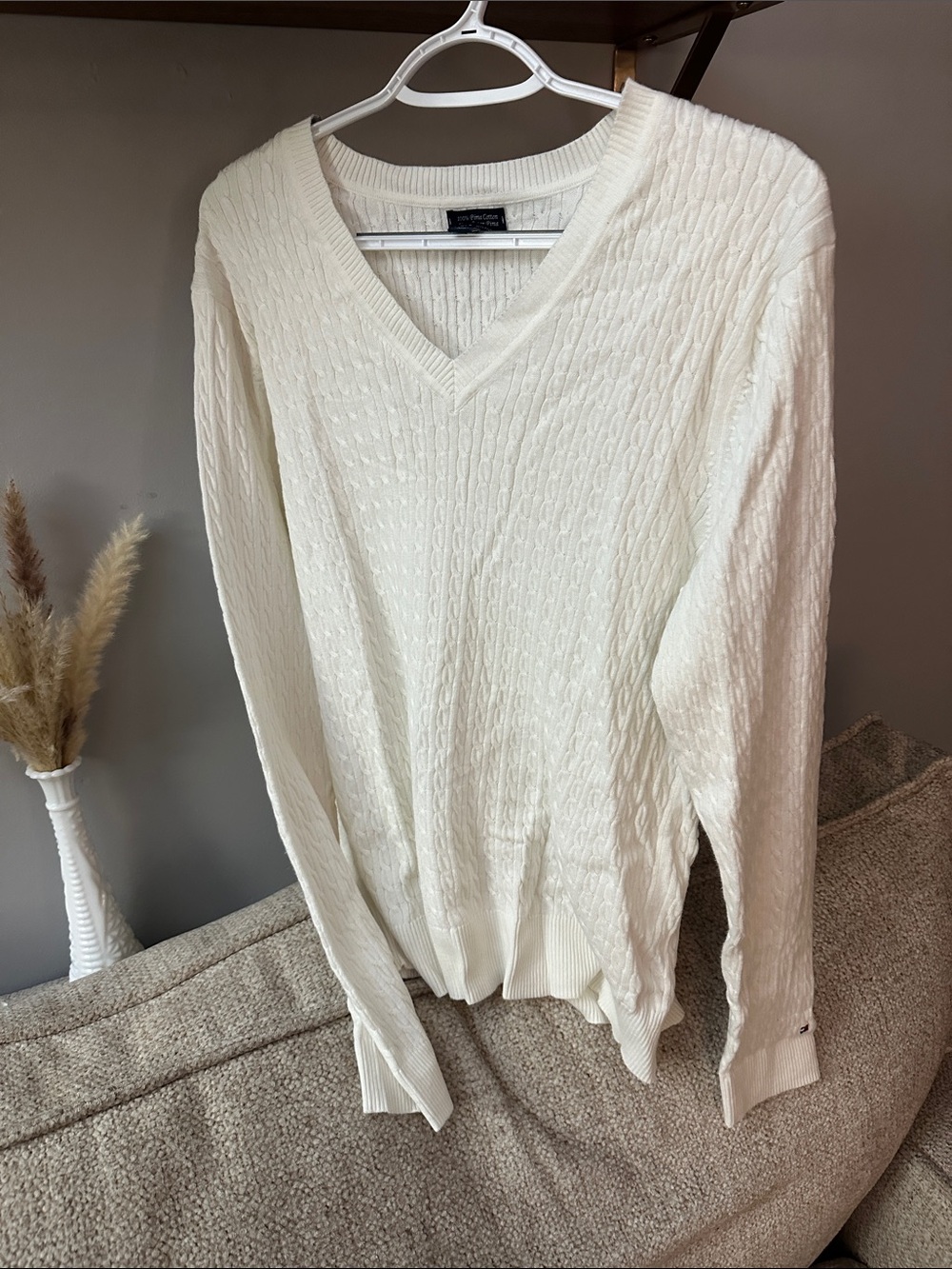 Tommy Hilfiger Cream V-Neck Cable Knit Sweater